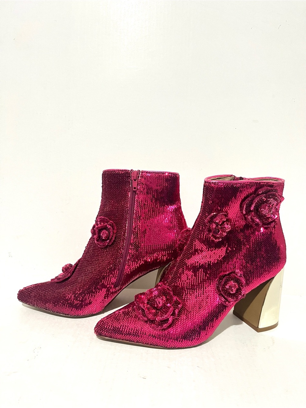 Betsey Johnson Women's Fuchsia Sequin Floral Ankle Boots